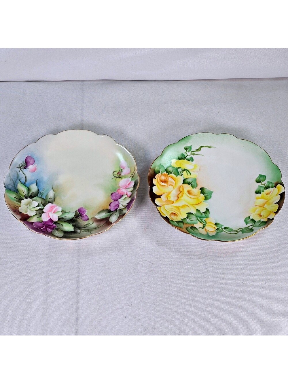 Vintage Bavaria Hand Painted Floral Porcelain Plates Yellow Roses Sweet Peas 6"